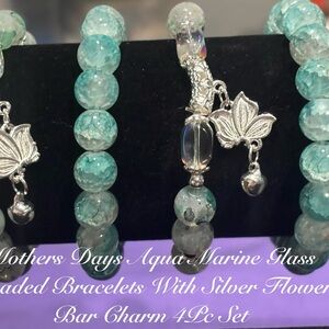 Mothers DayAqua Marine Glass Beaded Bracelet Set with Silver Flower Charms - 4Pc